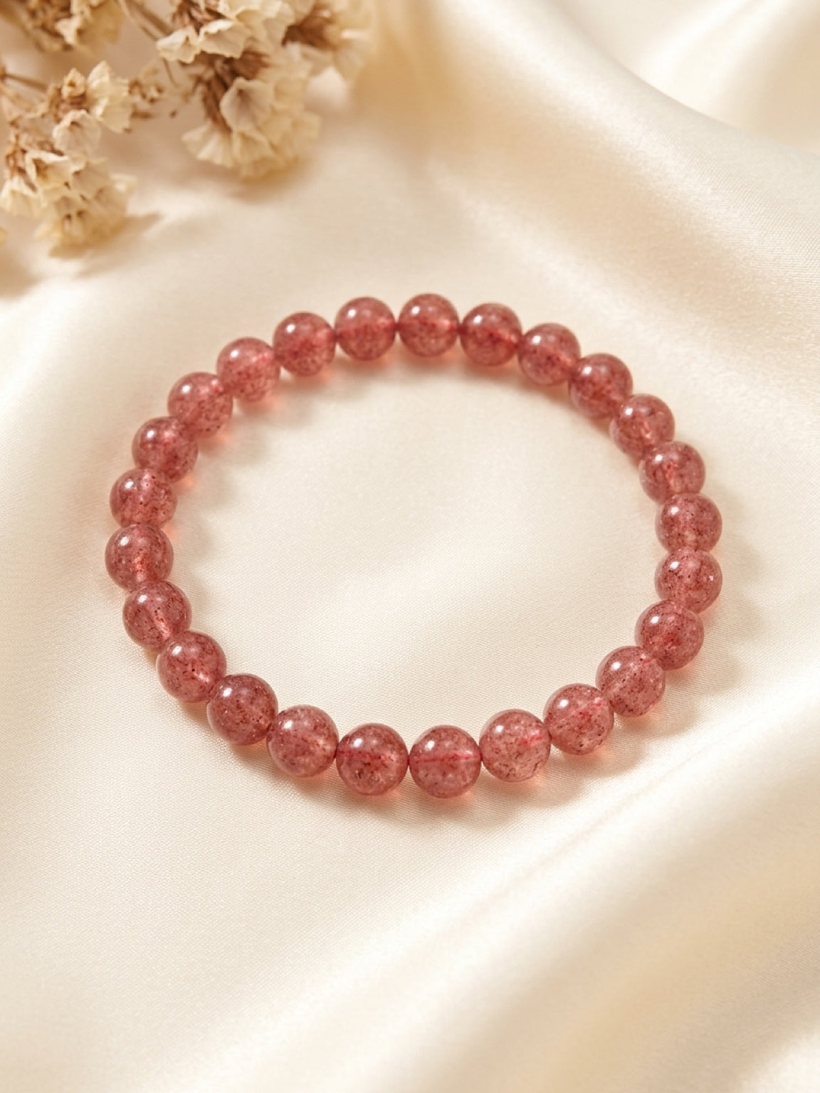 Strawberry Quartz Round Beaded Stretch Bracelet — 6mm Glossy Beads, 7"