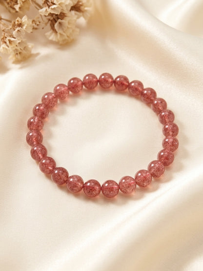 Strawberry Quartz Round Beaded Stretch Bracelet — 6mm Glossy Beads, 7"