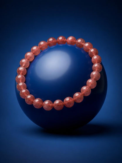 Strawberry Quartz Round Beaded Stretch Bracelet — 6mm Glossy Beads, 7"