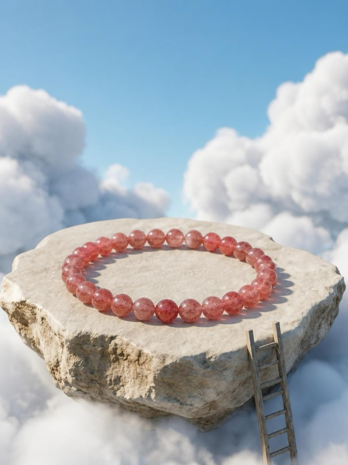 Strawberry Quartz Round Beaded Stretch Bracelet — 6mm Glossy Beads, 7"