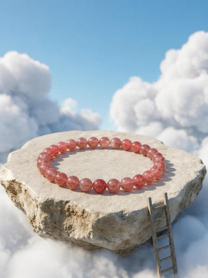 Strawberry Quartz Round Beaded Stretch Bracelet — 6mm Glossy Beads, 7"