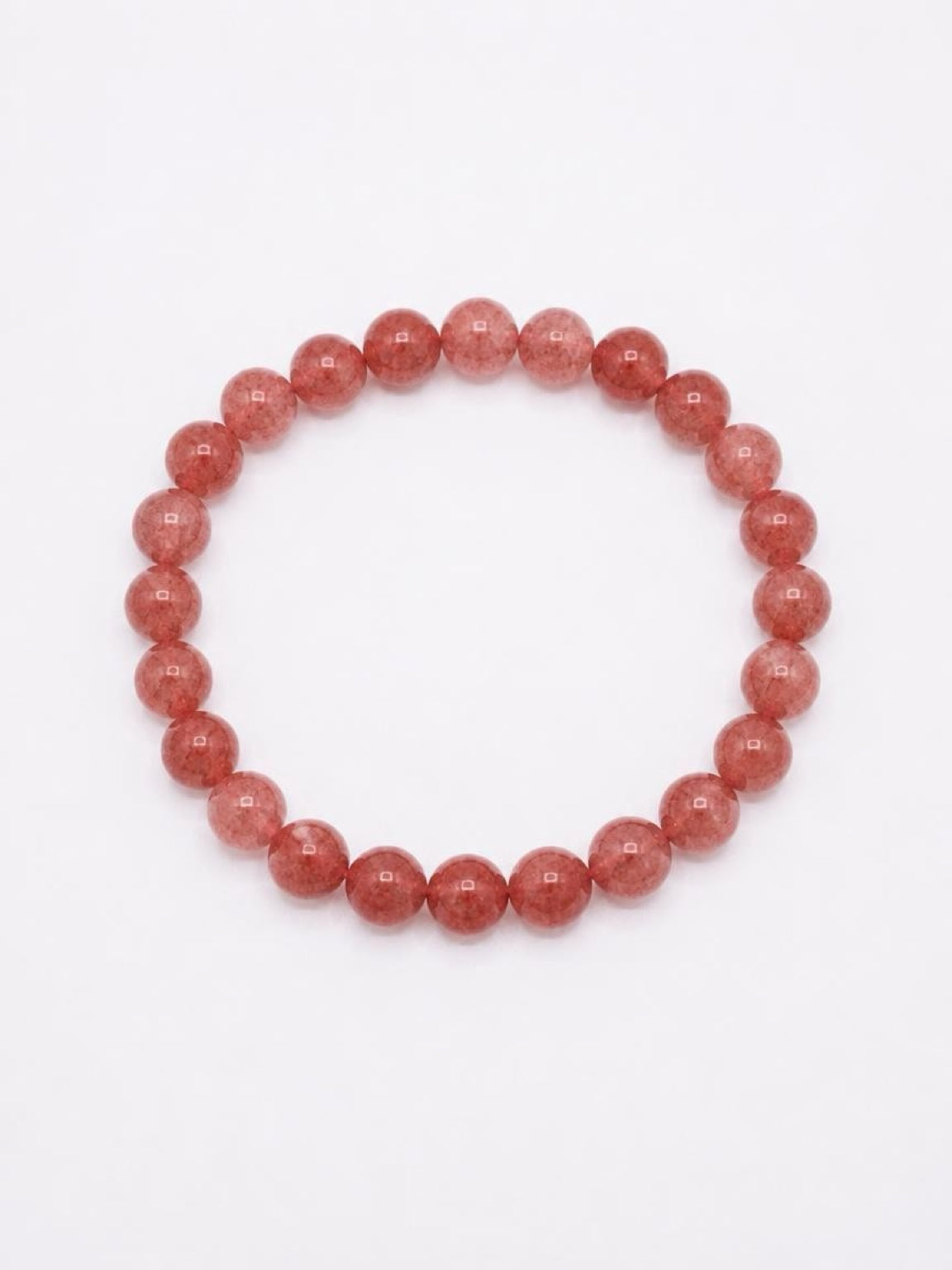 Strawberry Quartz Round Beaded Stretch Bracelet — 6mm Glossy Beads, 7"