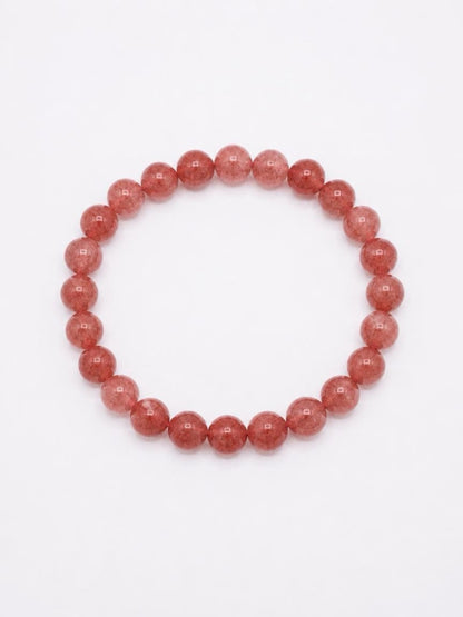 Strawberry Quartz Round Beaded Stretch Bracelet — 6mm Glossy Beads, 7"