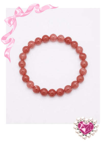 Strawberry Quartz Round Beaded Stretch Bracelet — 6mm Glossy Beads, 7"