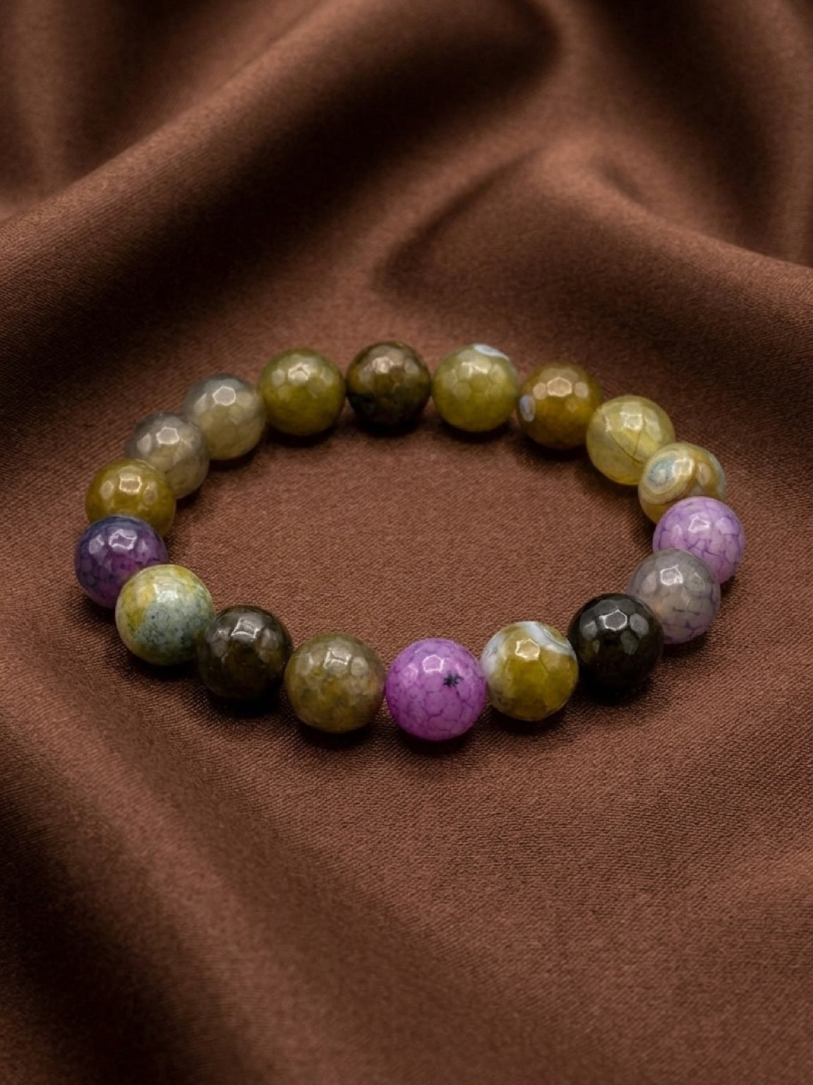 Earth Tone Agate Faceted Round Beaded Stretch Bracelet — 10mm Glossy Beads, 7"