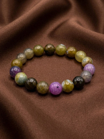 Earth Tone Agate Faceted Round Beaded Stretch Bracelet — 10mm Glossy Beads, 7"