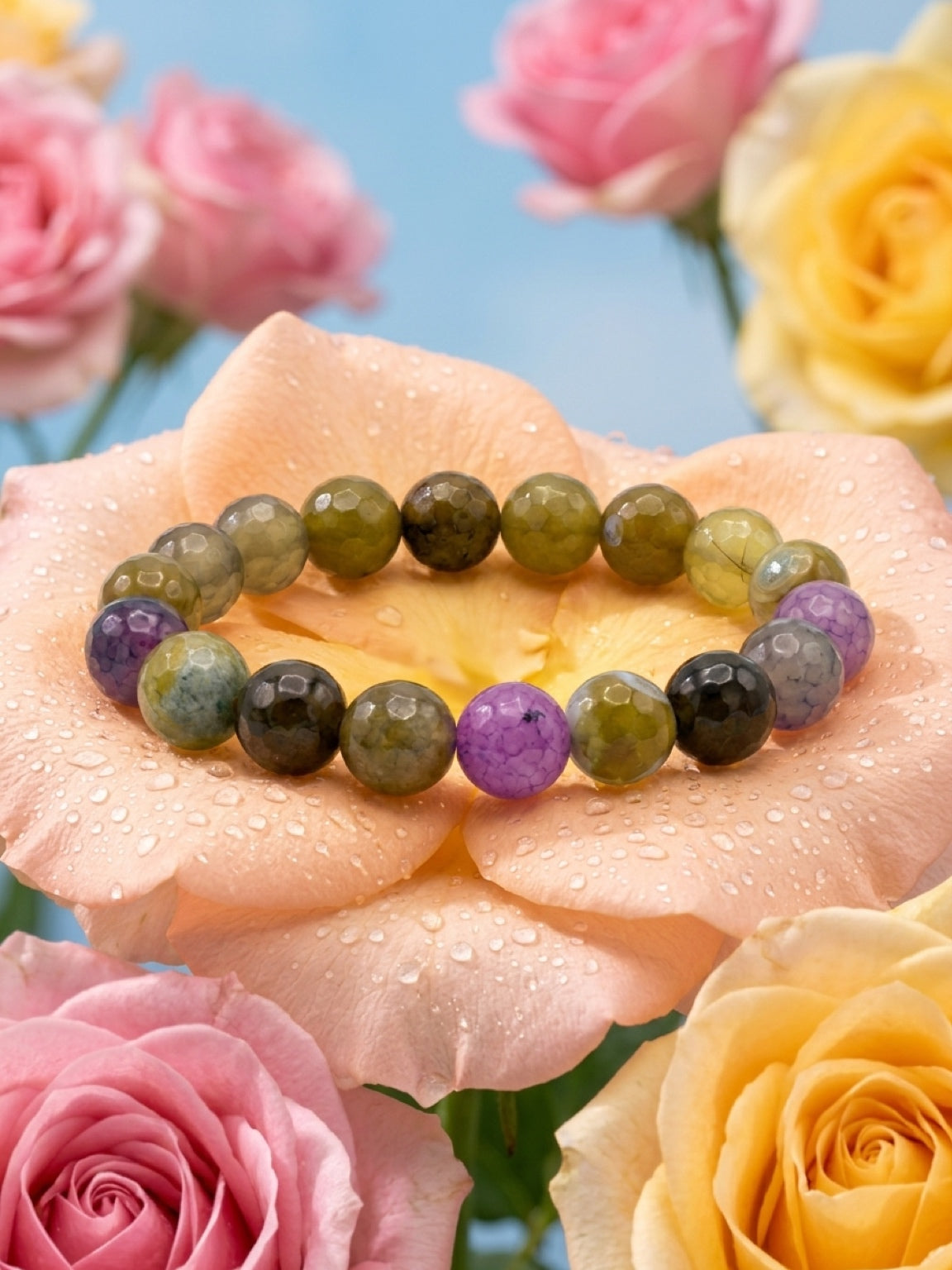 Earth Tone Agate Faceted Round Beaded Stretch Bracelet — 10mm Glossy Beads, 7"