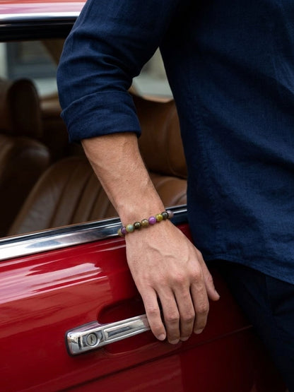 Earth Tone Agate Faceted Round Beaded Stretch Bracelet — 10mm Glossy Beads, 7"