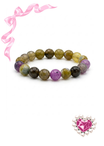 Earth Tone Agate Faceted Round Beaded Stretch Bracelet — 10mm Glossy Beads, 7"