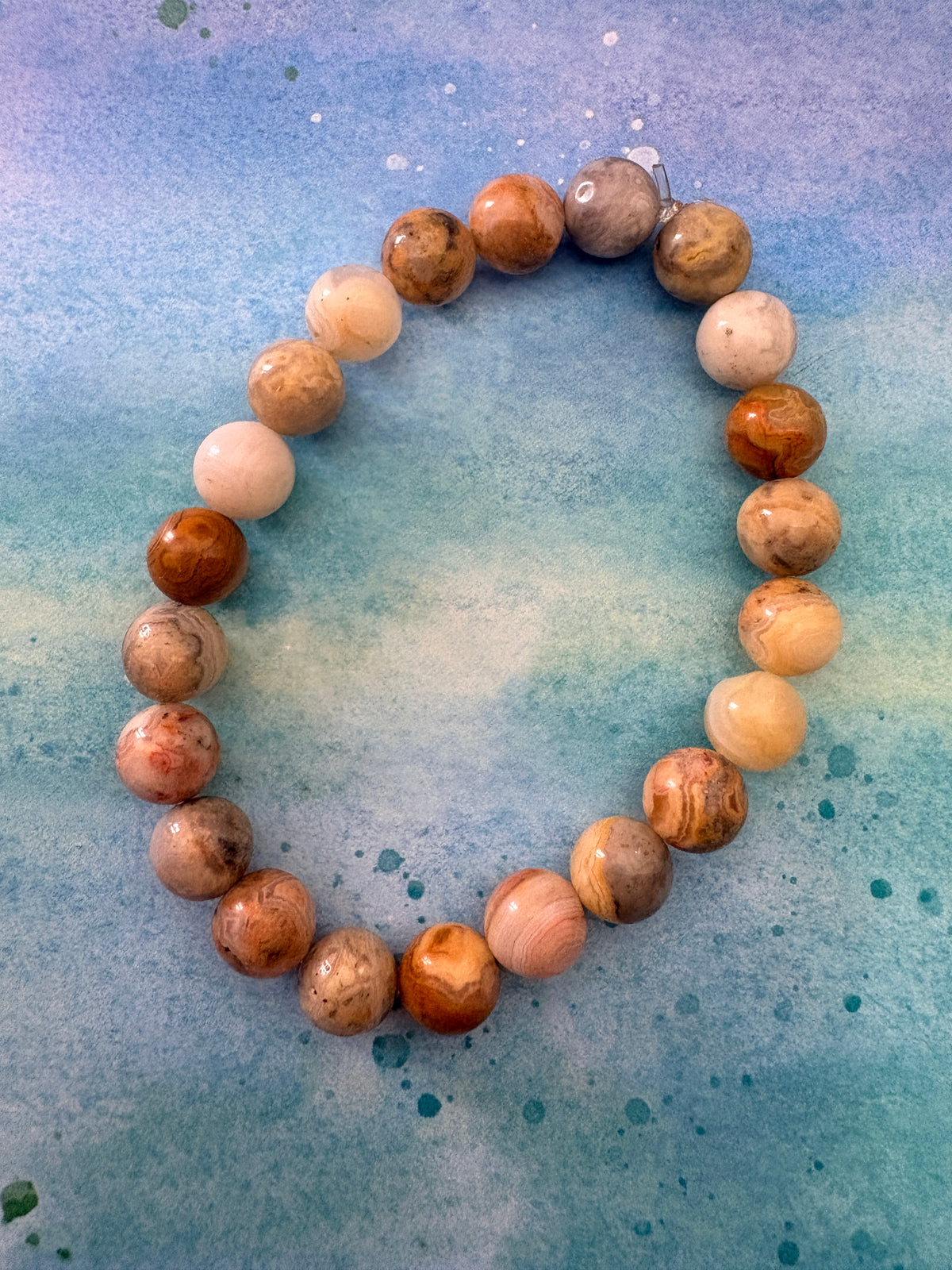 Earth Tone Agate Round Beaded Stretch Bracelet — Warm Swirl, 8mm Glossy Beads, 7"
