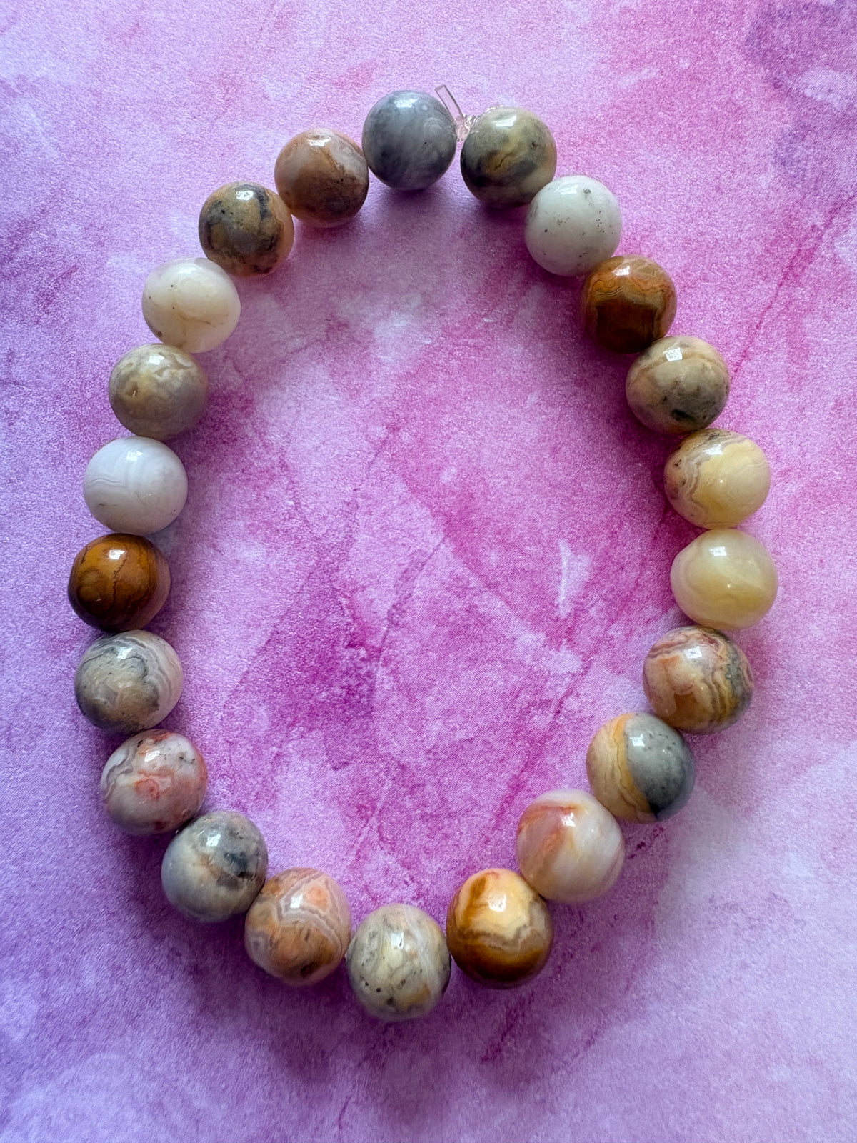 Earth Tone Agate Round Beaded Stretch Bracelet — Warm Swirl, 8mm Glossy Beads, 7"