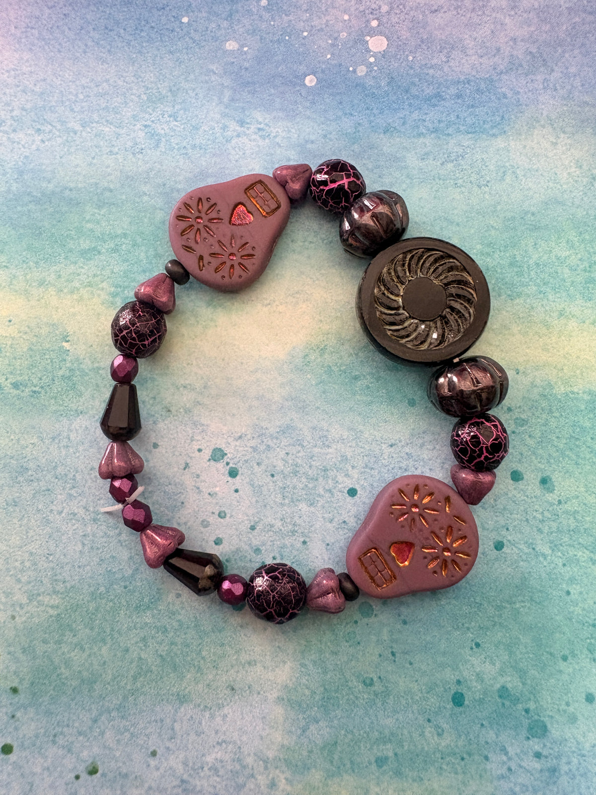 Purple Days of the Dead Czech Glass Beaded Stretch Bracelet — Sugar Skull, 7"