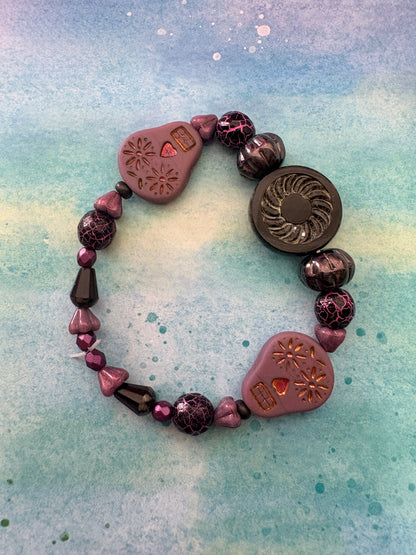 Purple Days of the Dead Czech Glass Beaded Stretch Bracelet — Sugar Skull, 7"