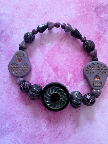 Purple Days of the Dead Czech Glass Beaded Stretch Bracelet — Sugar Skull, 7"