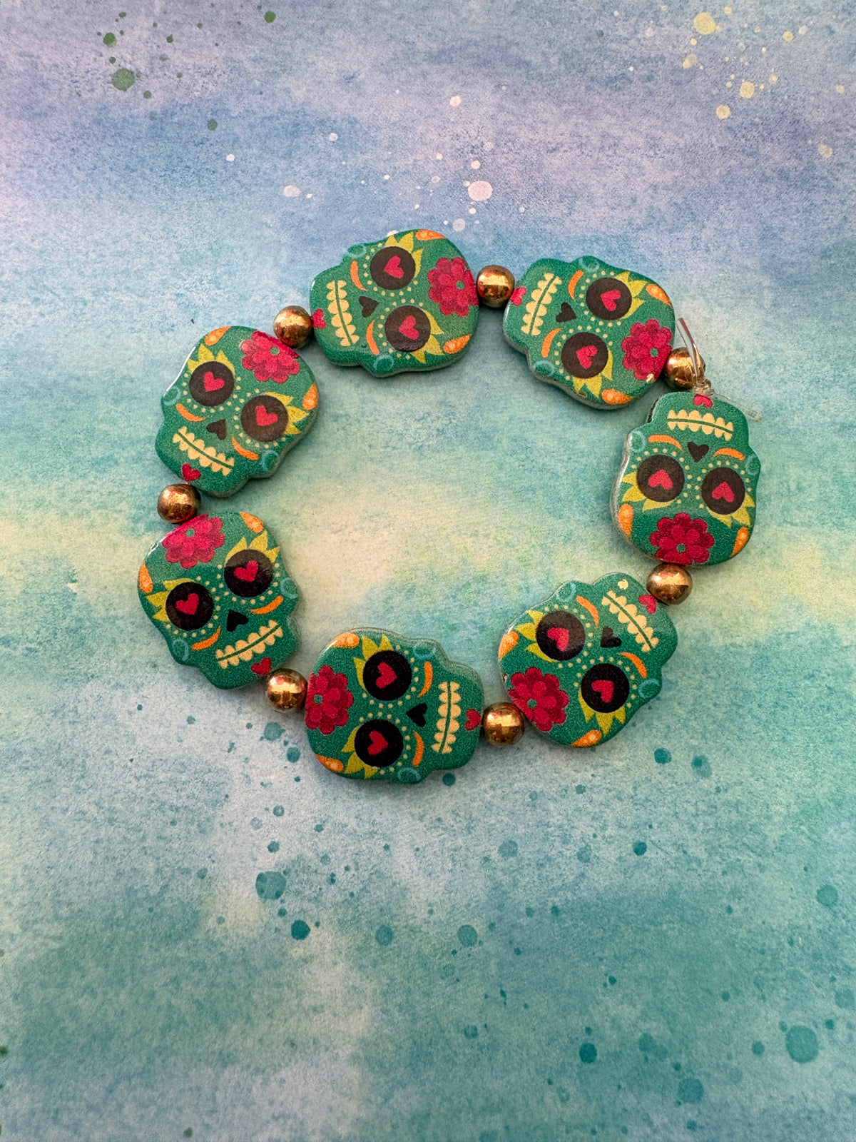 Blue Enamel Sugar Skull Beaded Stretch Bracelet — Day of the Dead, Nickel Free, 6.5"