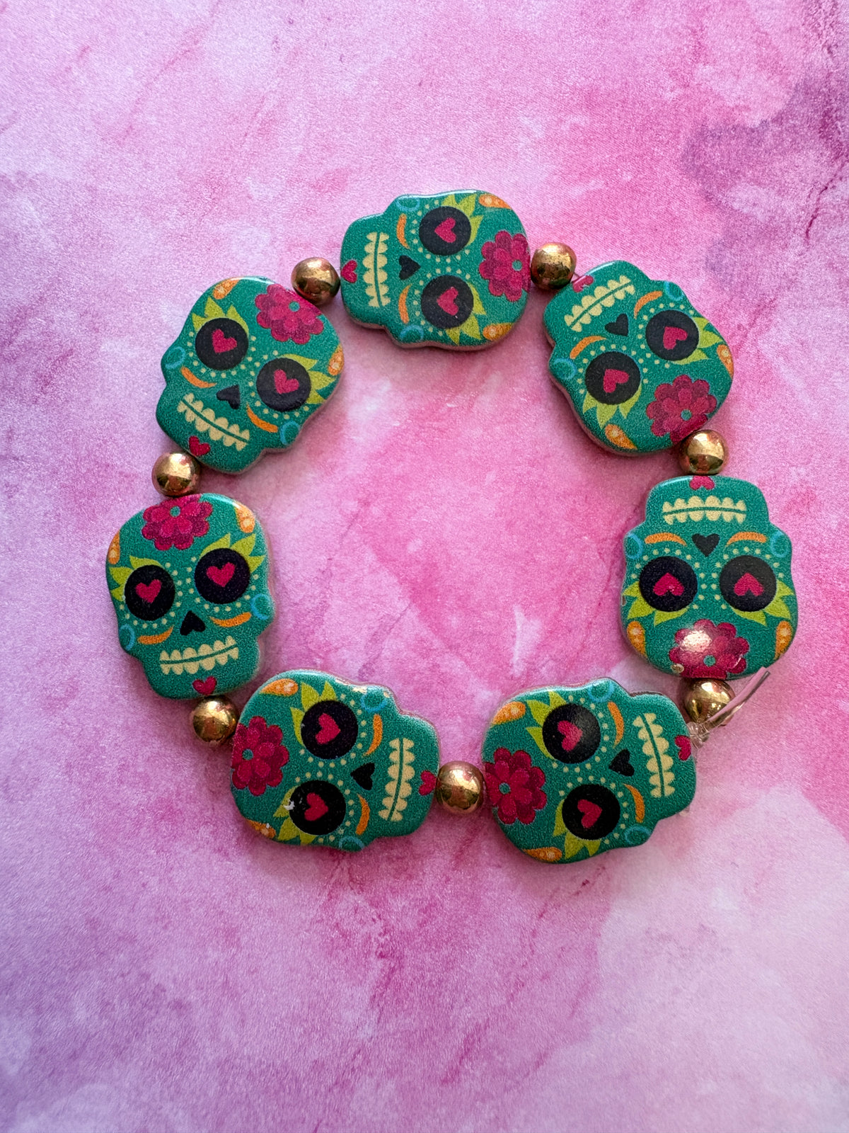 Blue Enamel Sugar Skull Beaded Stretch Bracelet — Day of the Dead, Nickel Free, 6.5"