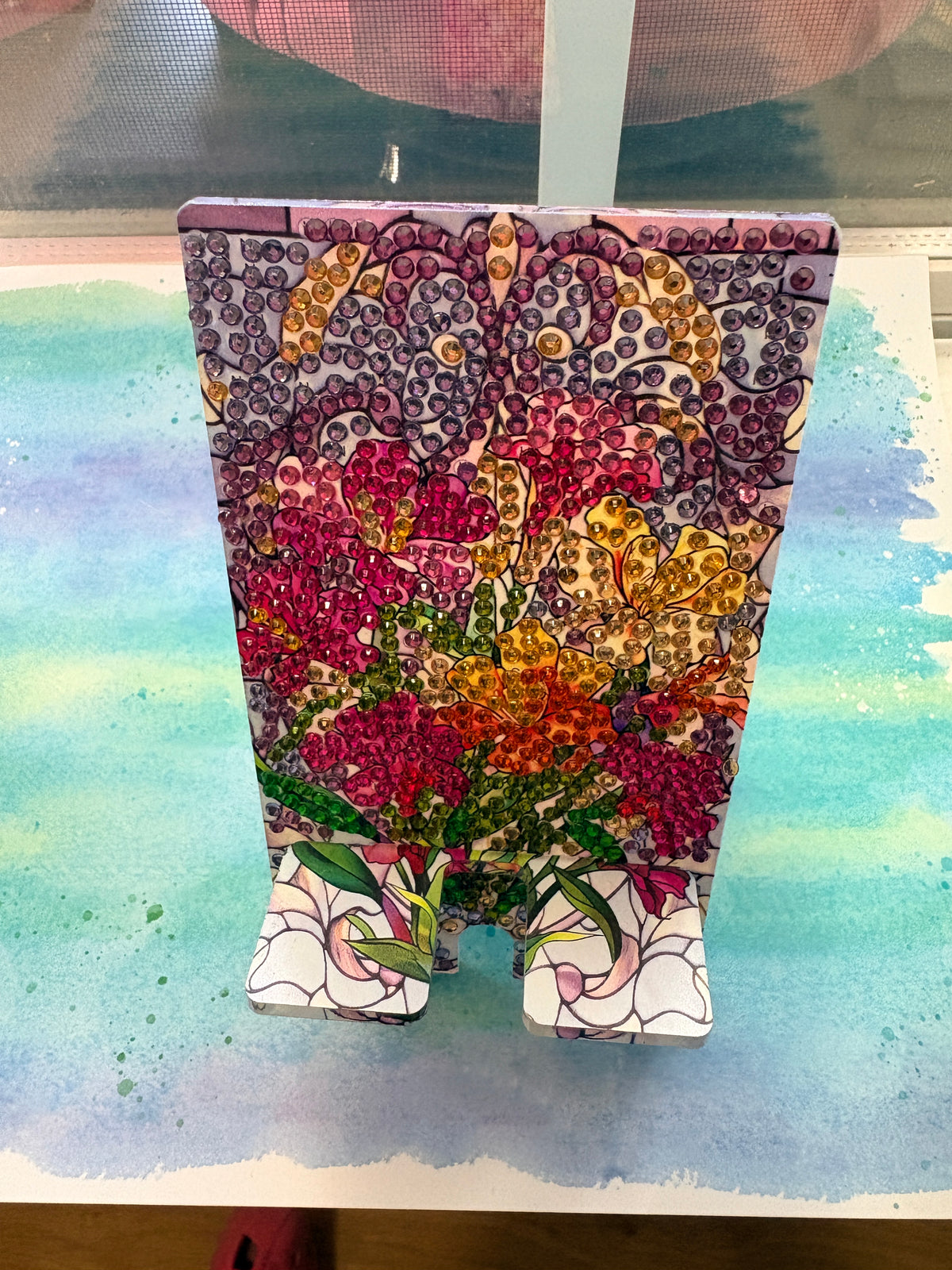 Diamond Art Floral Bouquet Cell Phone Holder — Wood Phone Stand, Hand-Decorated