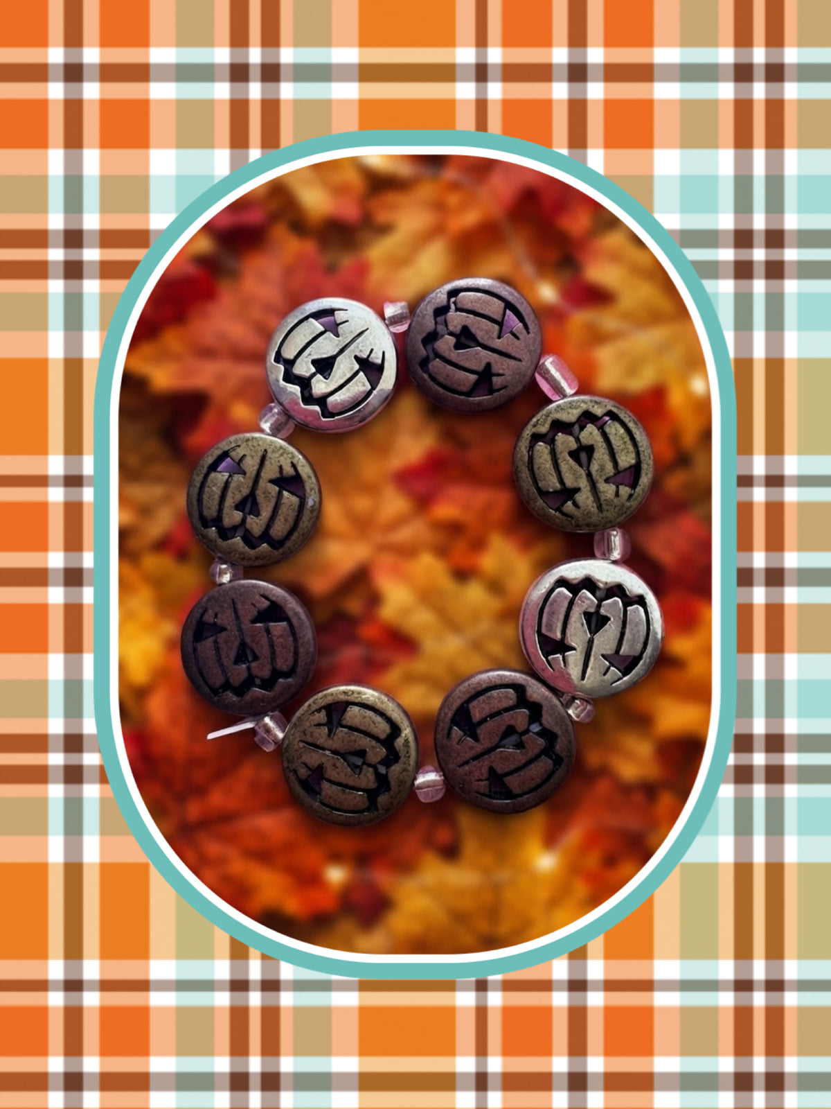 Multicolor Metal Jack-O-Lantern Pumpkin Beaded Stretch Bracelet — Halloween, 16mm Beads