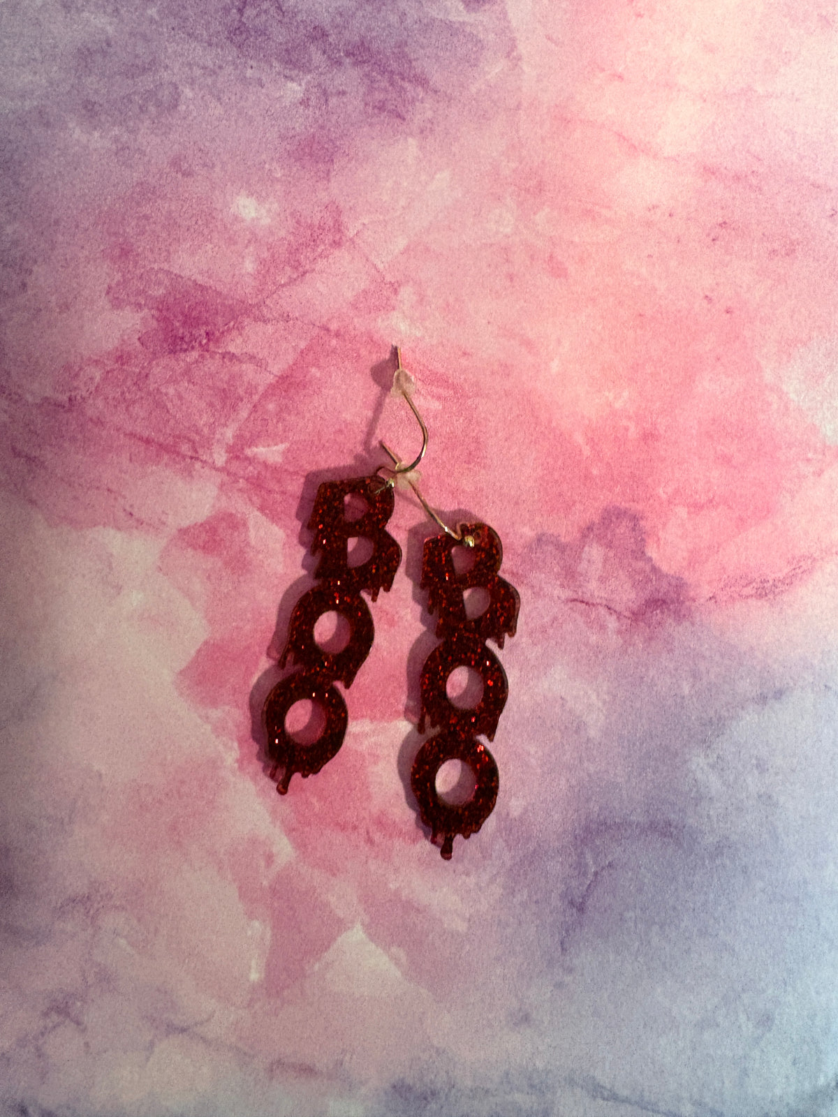 BOO Blood Red Glitter Acrylic Halloween Wire Earrings