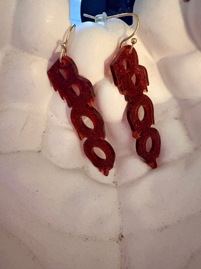 BOO Blood Red Glitter Acrylic Halloween Wire Earrings