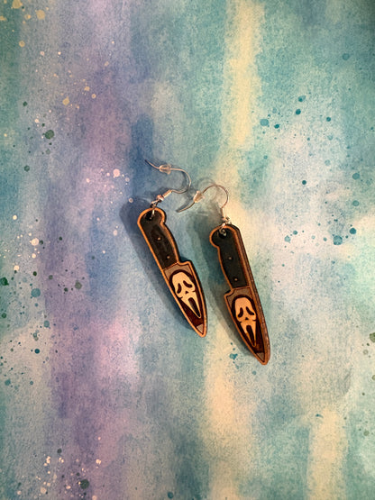 Ghost Face Knife Wooden Dangle Earrings – Hand-Painted Halloween Horror