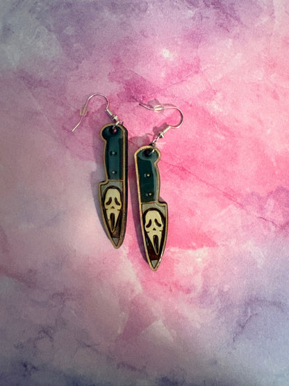 Ghost Face Knife Wooden Dangle Earrings – Hand-Painted Halloween Horror