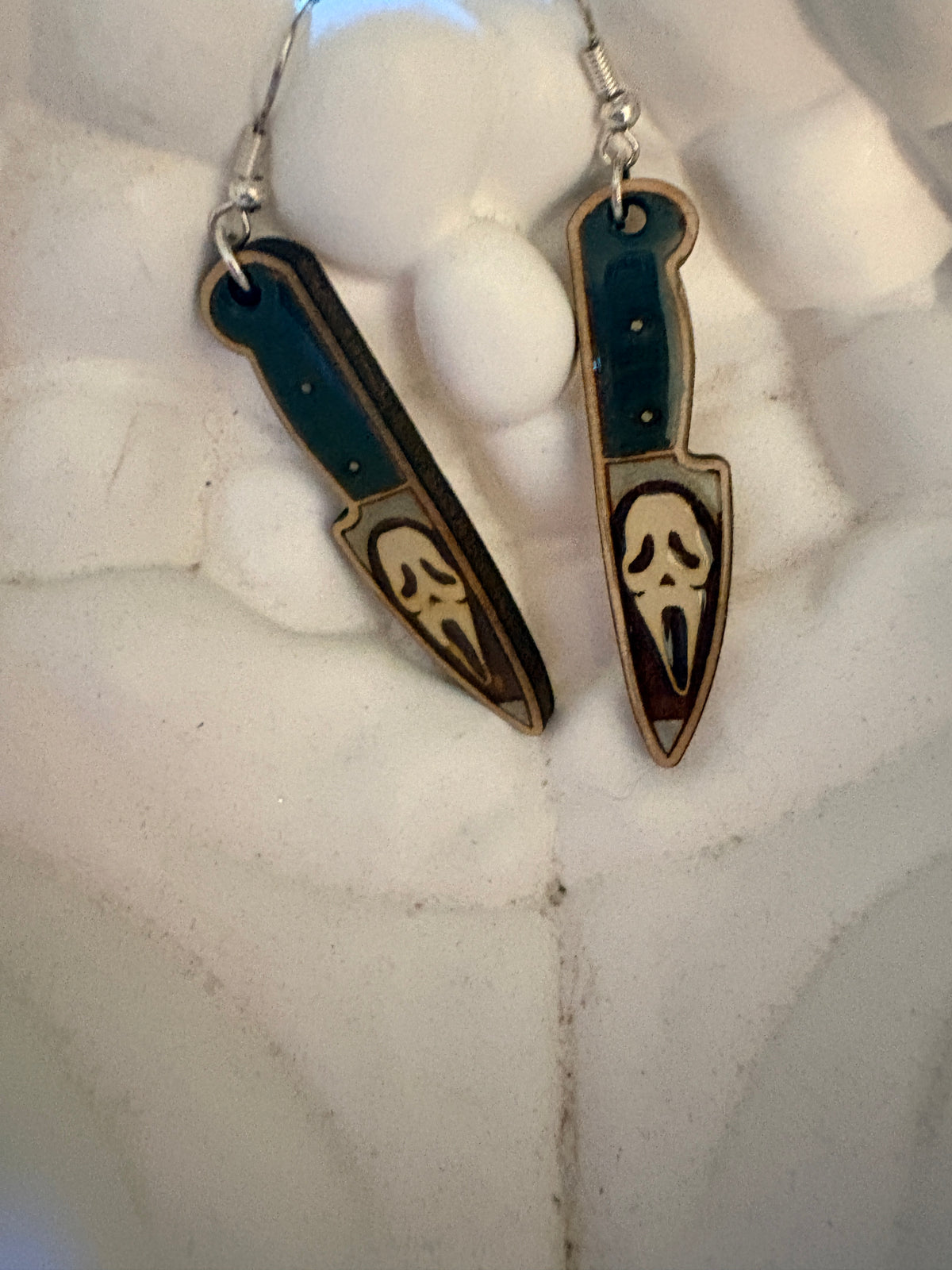 Ghost Face Knife Wooden Dangle Earrings – Hand-Painted Halloween Horror