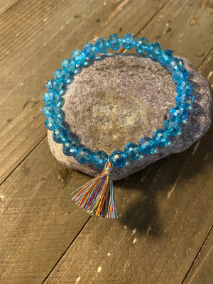 CRYSTAL BLUE Glass Beaded Elastic/Stretch Bracelet with tassel