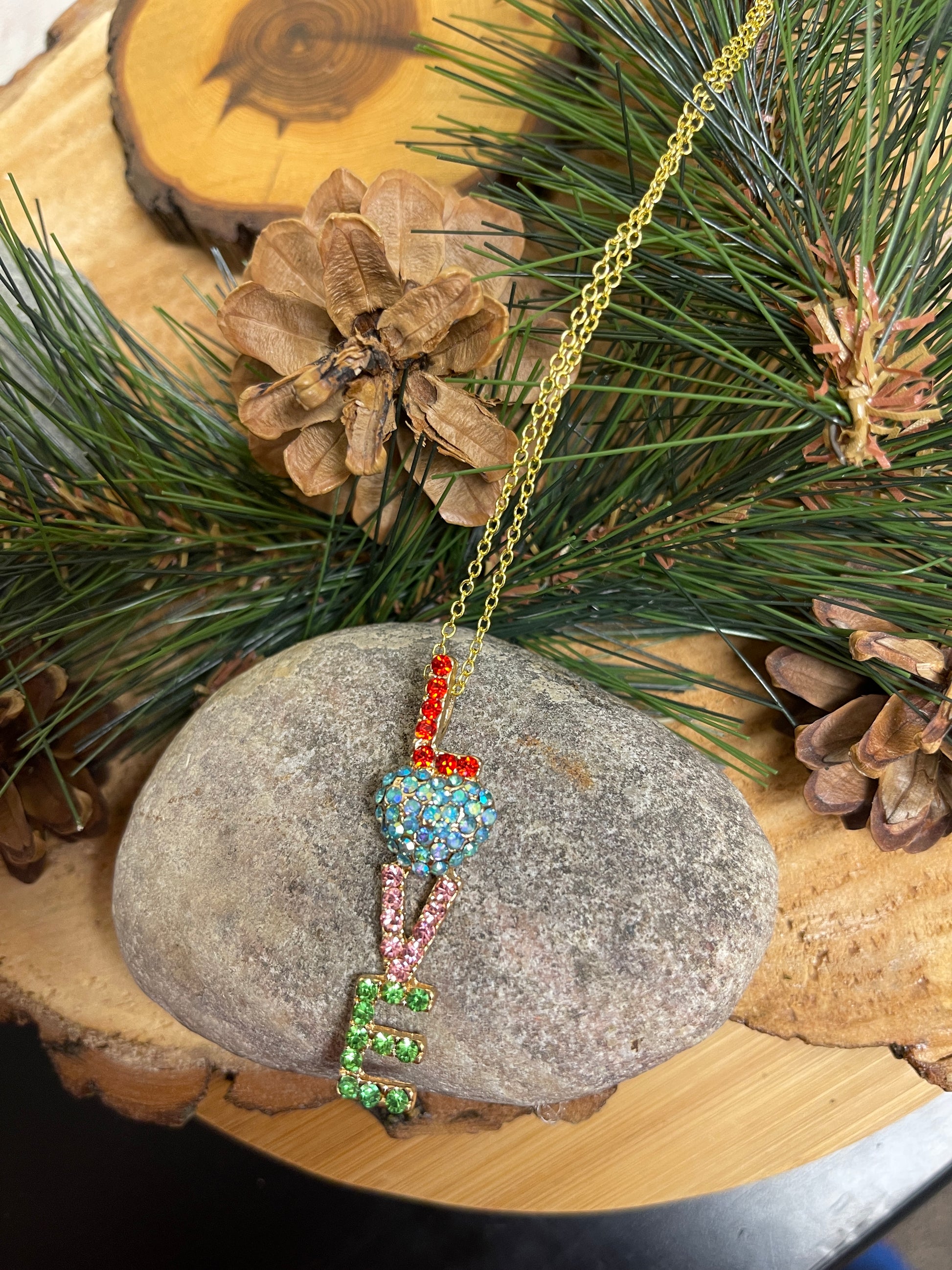 LOVE Rhinestone Pendant on a Gold chain NecklacePink tiful of LOVE