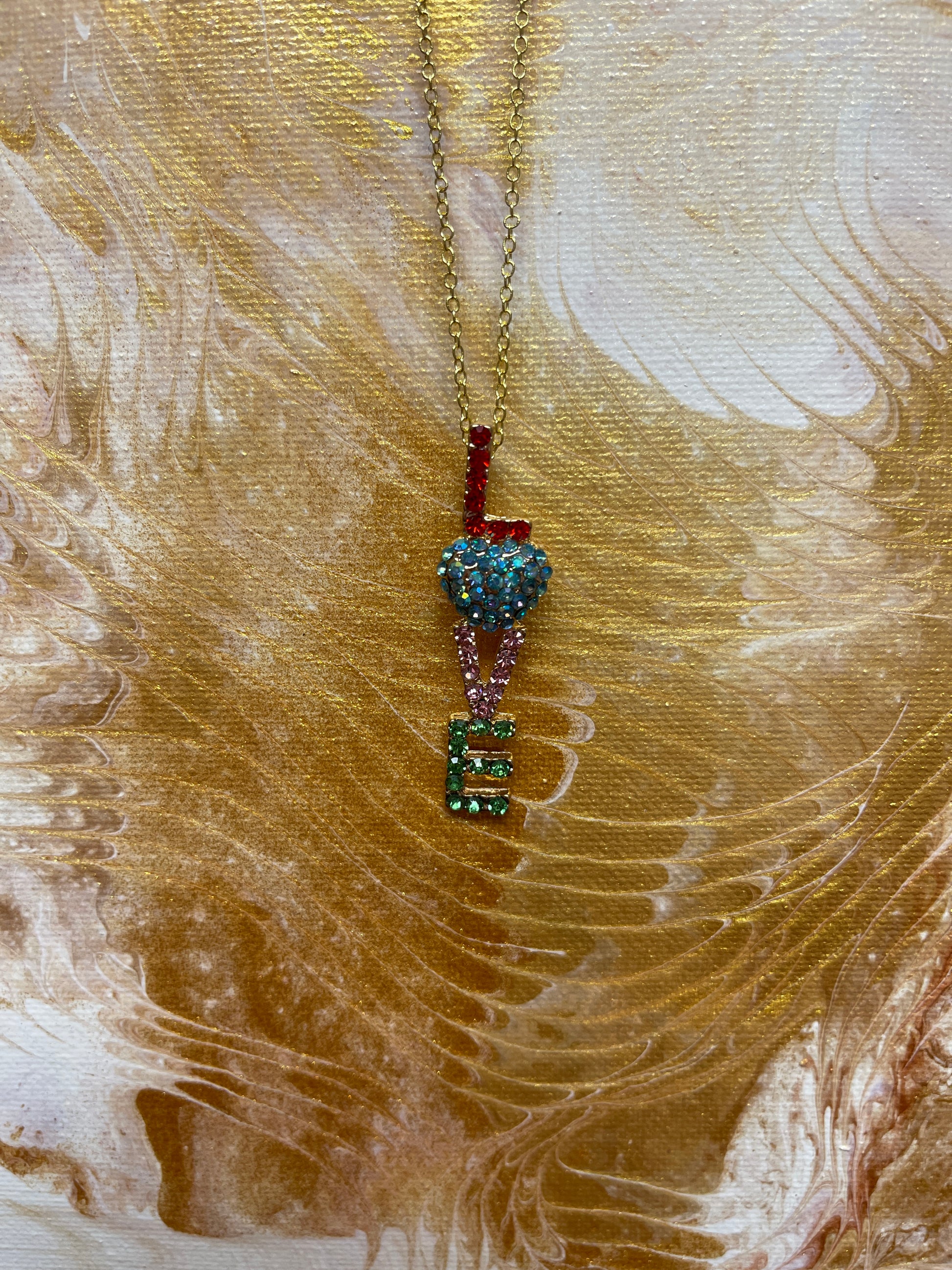 LOVE Rhinestone Pendant on a Gold chain NecklacePink tiful of LOVE