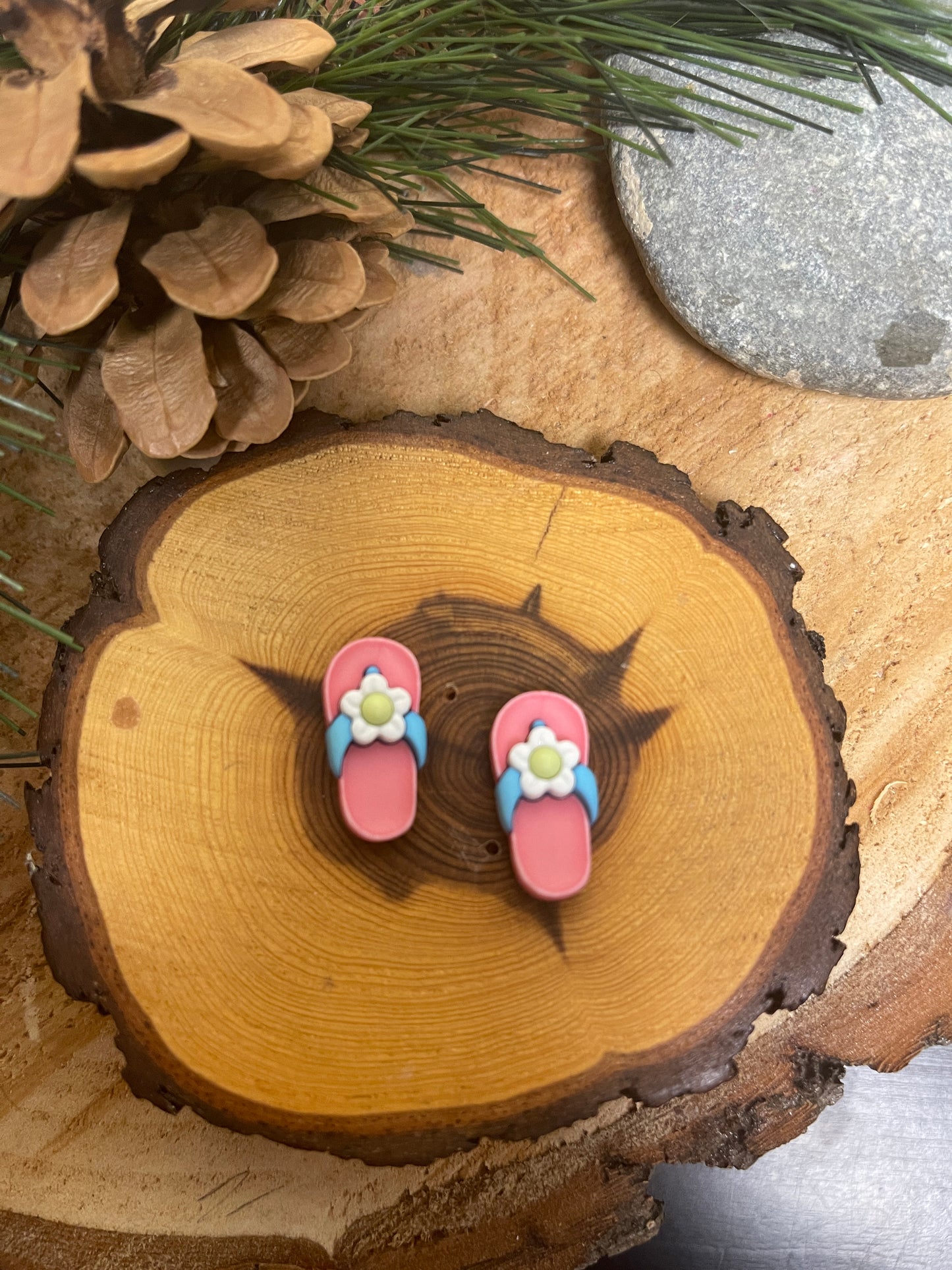 Flip Flops-Pink with Flowers Stud Earrings