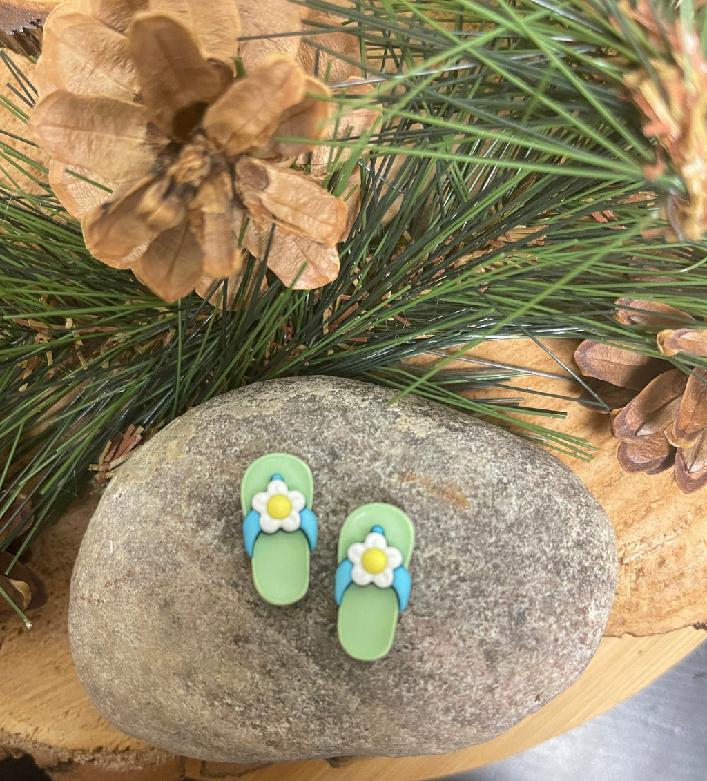Flip Flops-Green with Flowers Stud Earrings