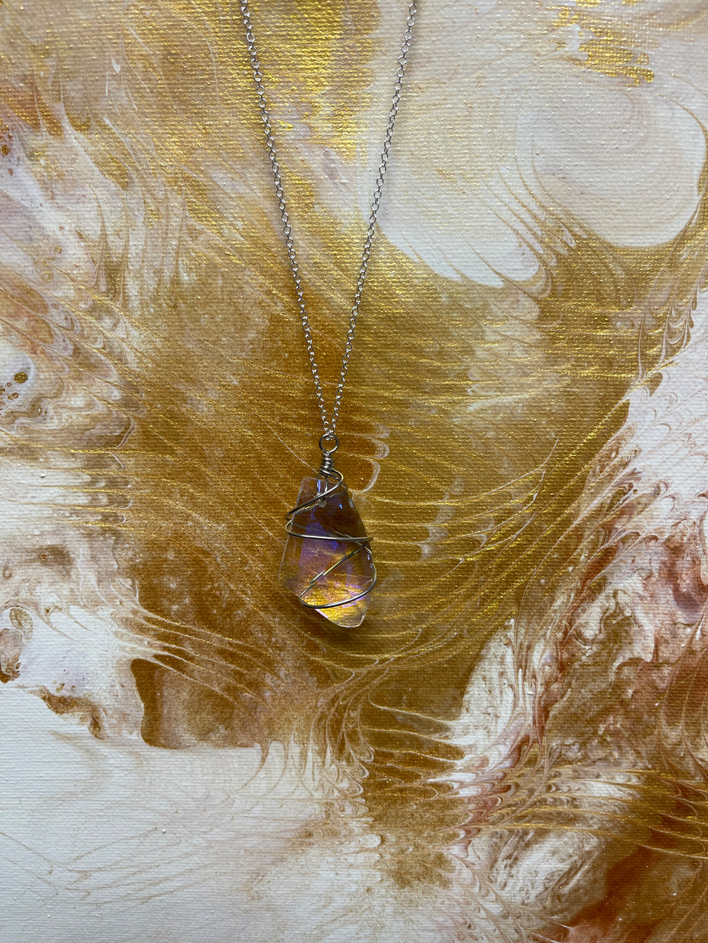 Wire Wrapped Crystal Pendant on a Silver chain Necklace
