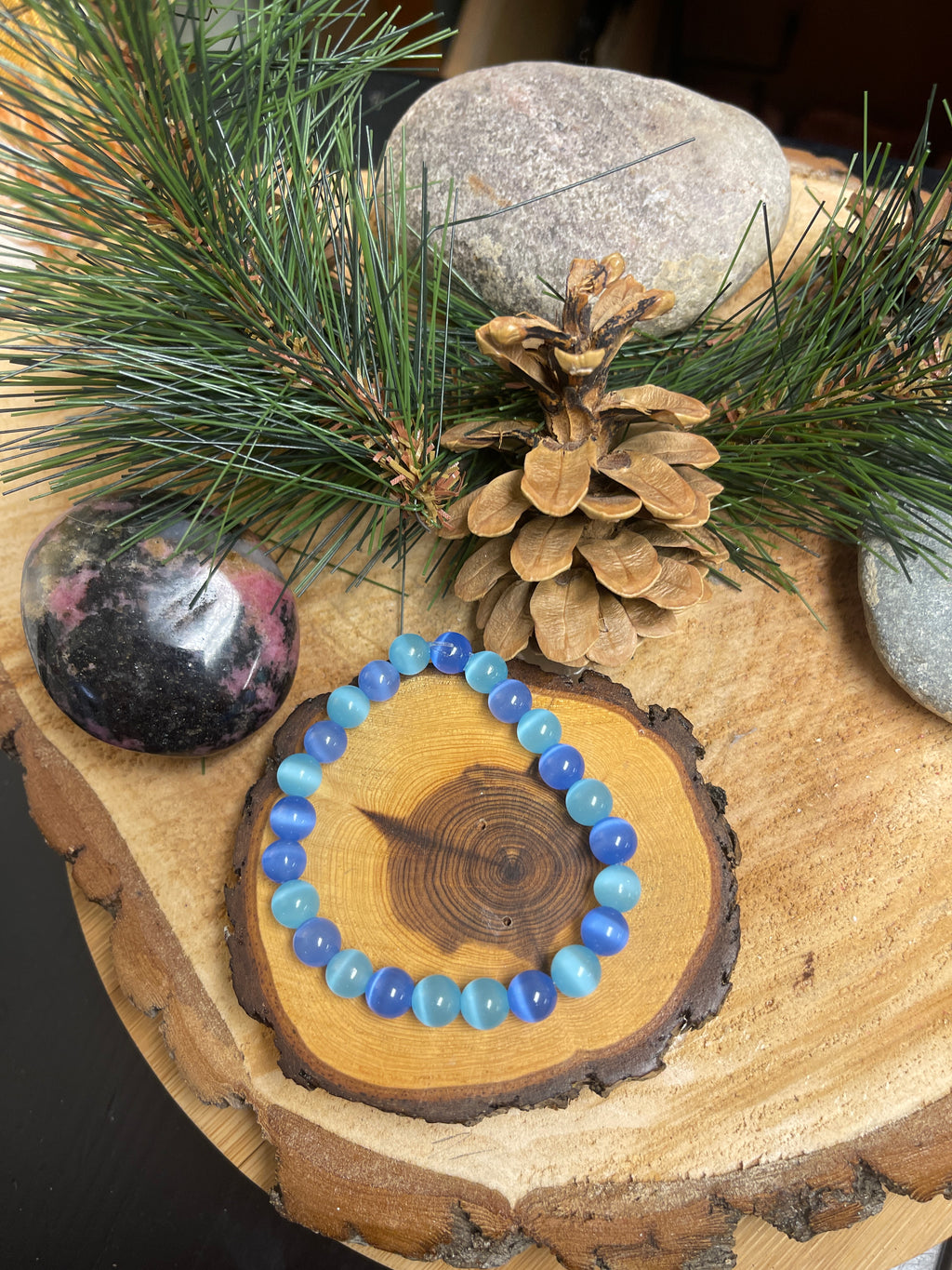 Blue Multi Cat's Eye Glass Beaded Elastic/Stretch Bracelet