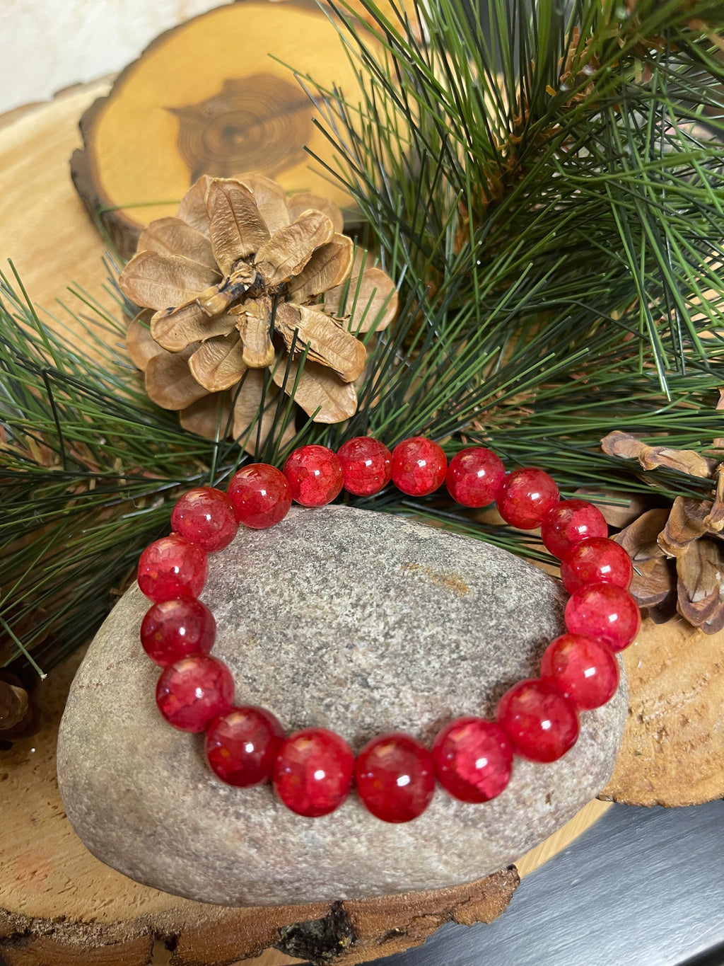 Rose Red Color Blossom Crystal Crackled Glass Beaded Elastic/Stretch Bracelet