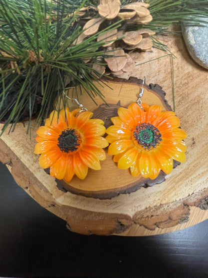 Big Bold Resin Sunflower Wire Earrings--A ray of Sunshine