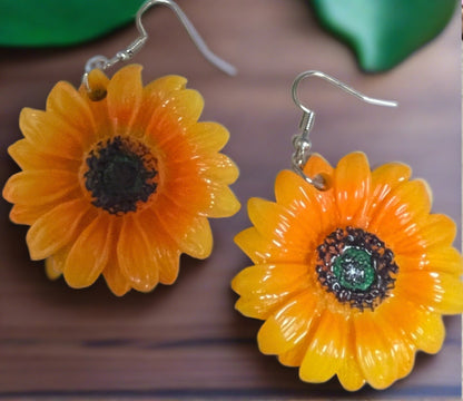 Big Bold Resin Sunflower Wire Earrings--A ray of Sunshine