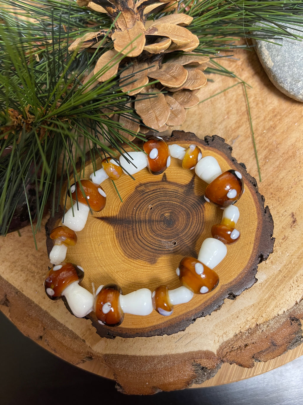 Brown Mushroom Glass Beaded Elastic/Stretch Bracelet