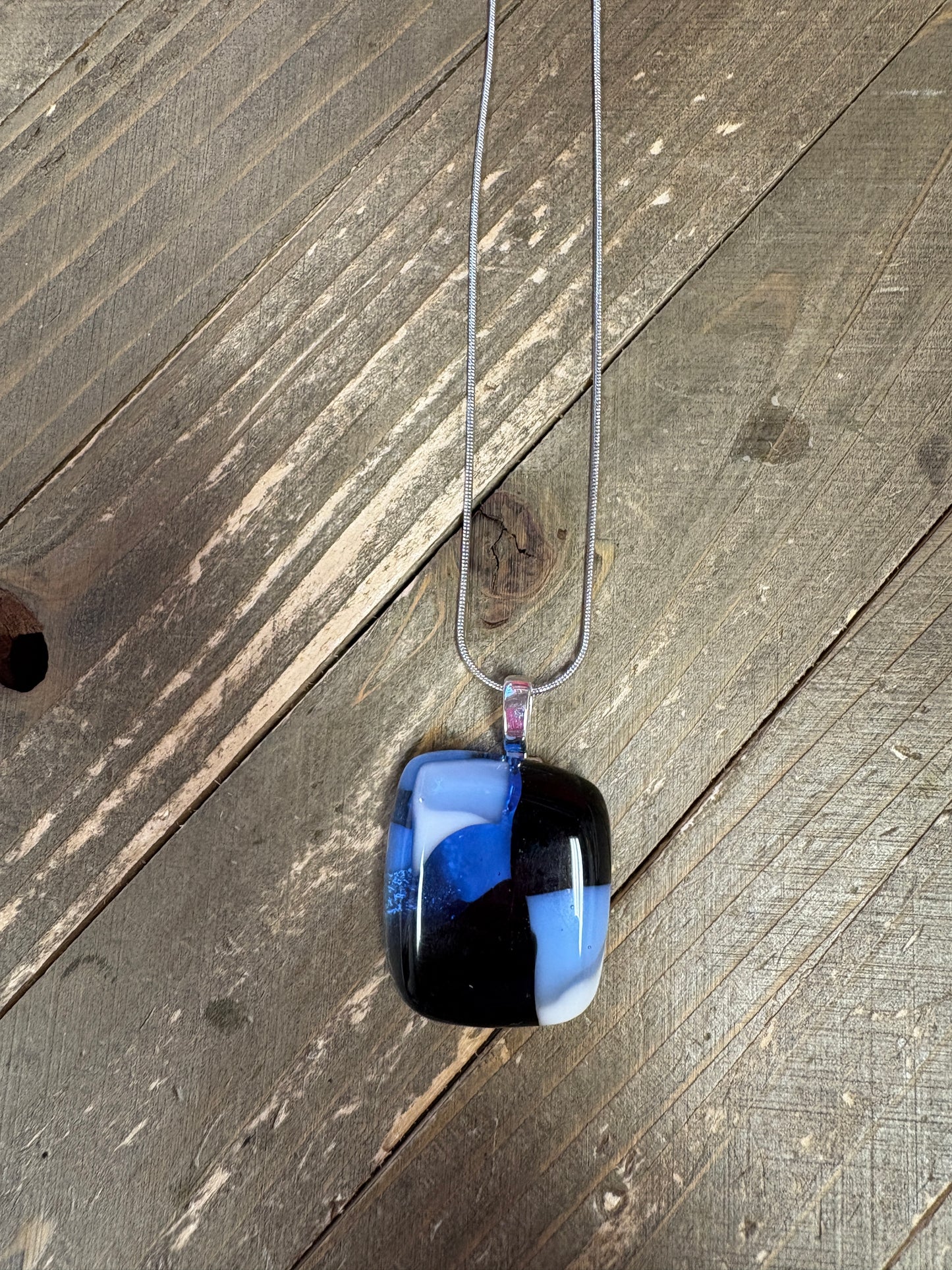 Fused Glass-blue, white & black square shaped Pendant on a silver Chain Necklace