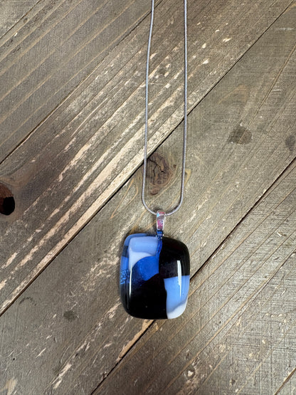Fused Glass-blue, white & black square shaped Pendant on a silver Chain Necklace