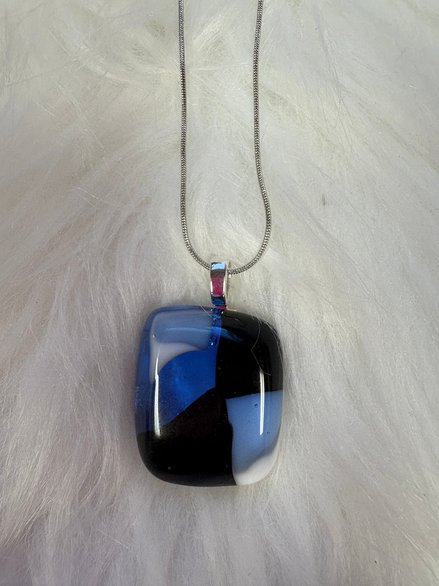 Fused Glass-blue, white & black square shaped Pendant on a silver Chain Necklace