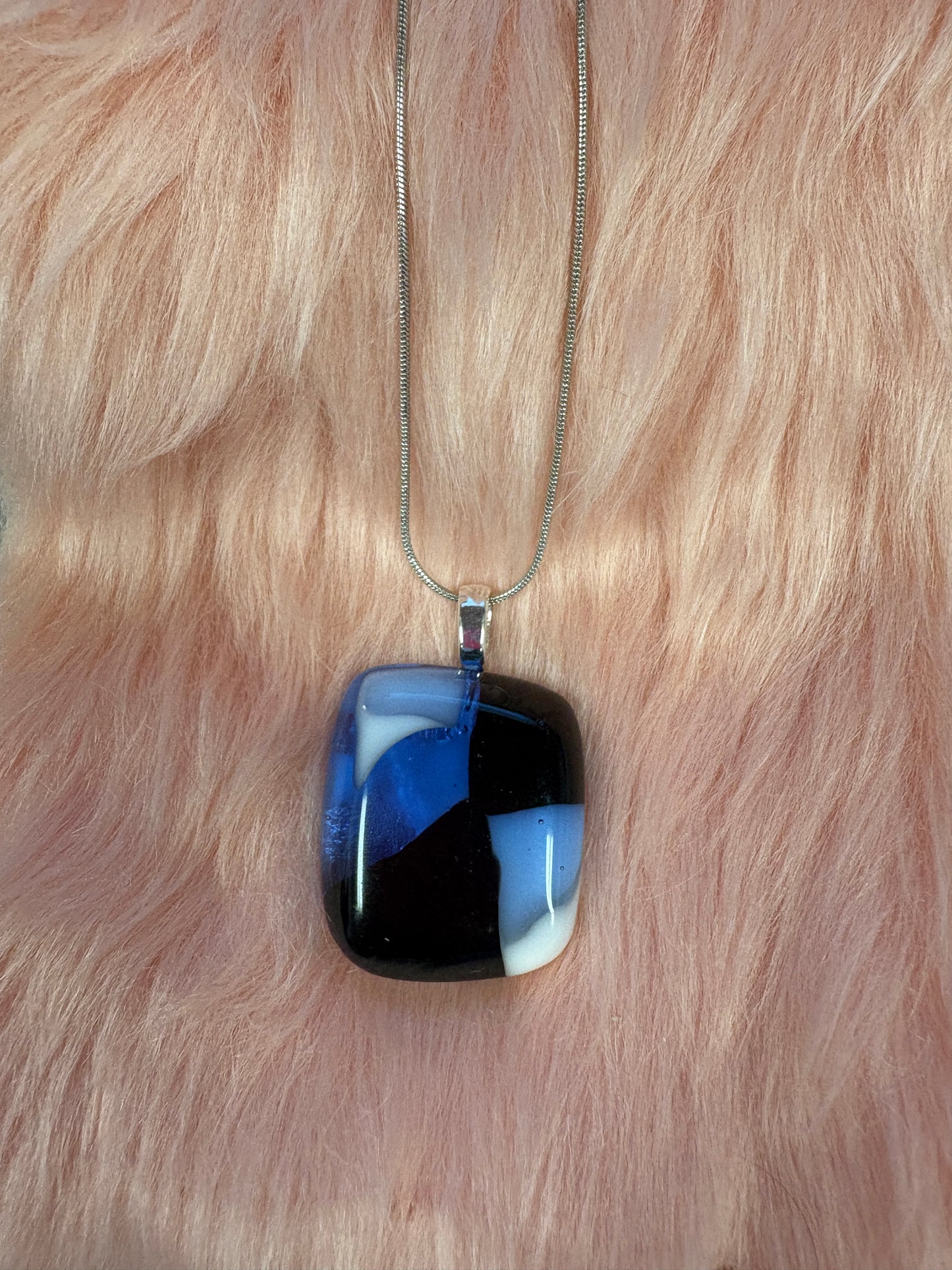 Fused Glass-blue, white & black square shaped Pendant on a silver Chain Necklace