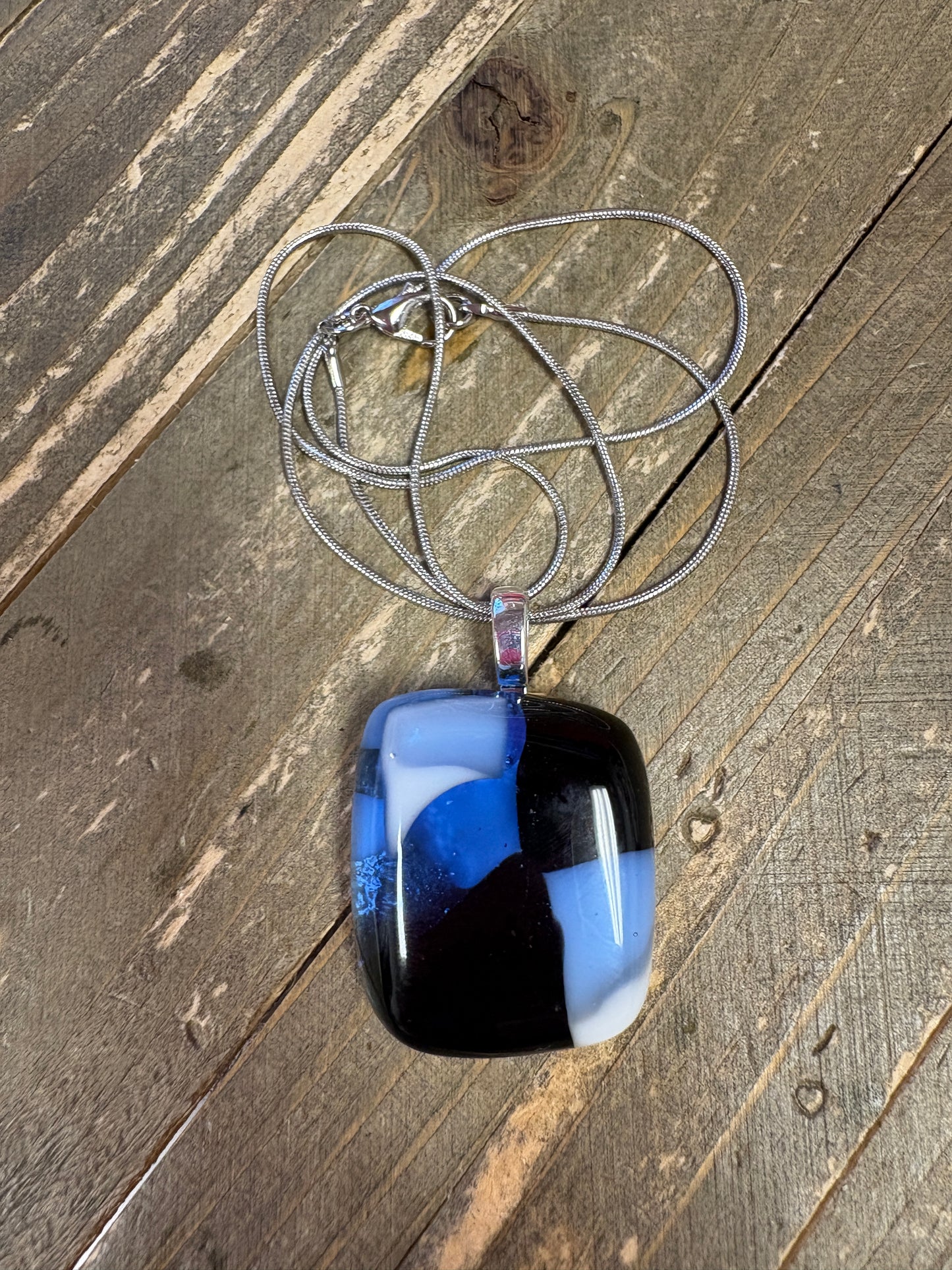 Fused Glass-blue, white & black square shaped Pendant on a silver Chain Necklace