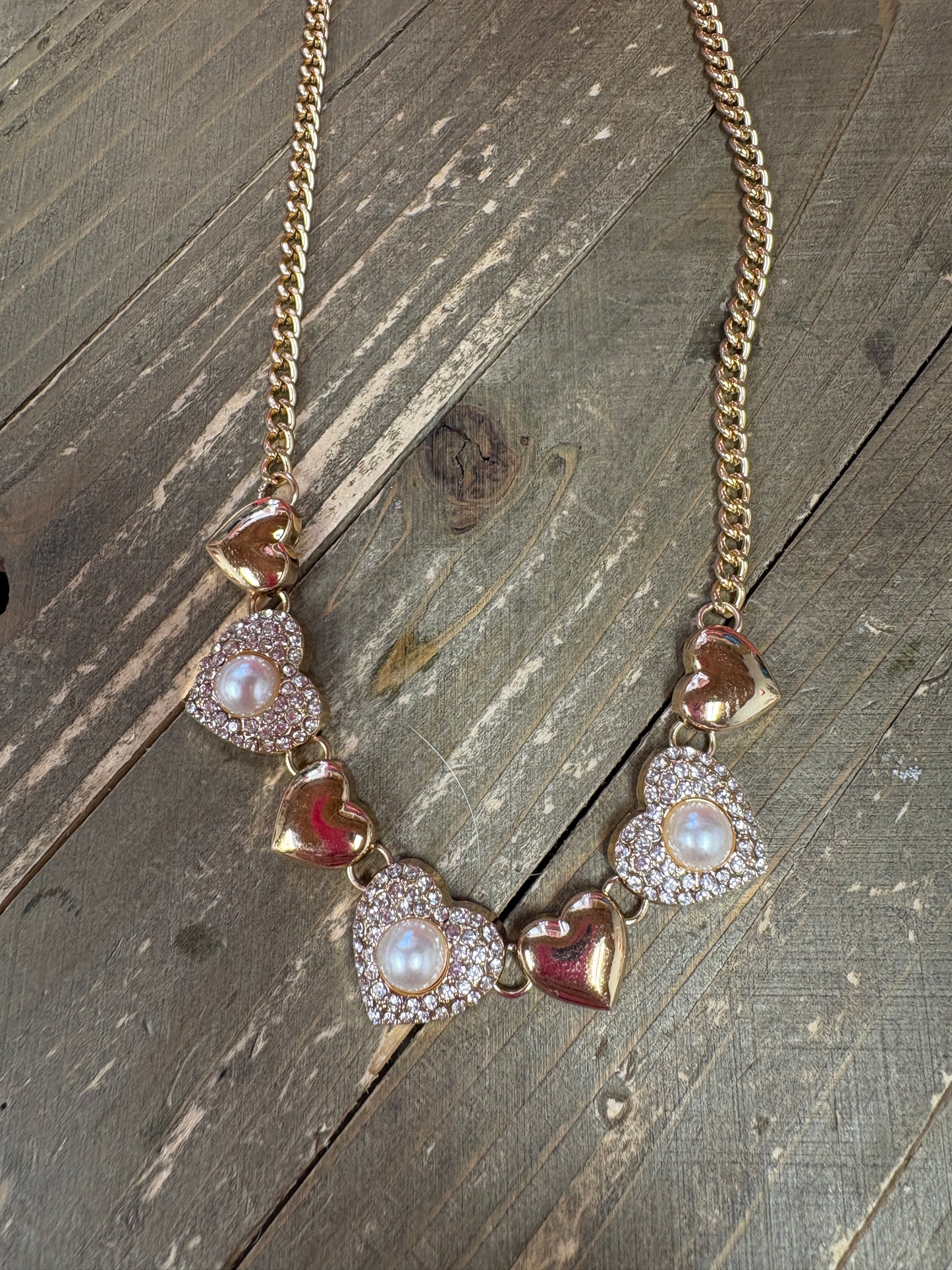 Gold Heart White Pearl Rhinestone Necklace