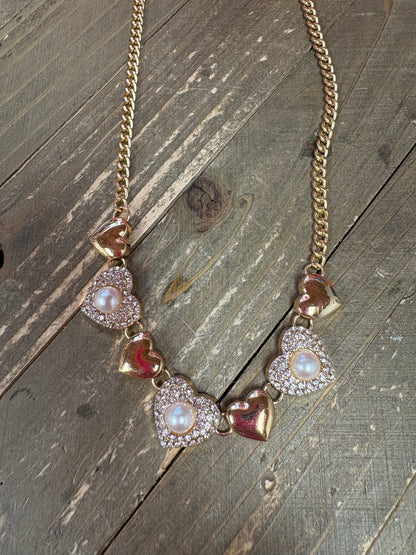 Gold Heart White Pearl Rhinestone Necklace