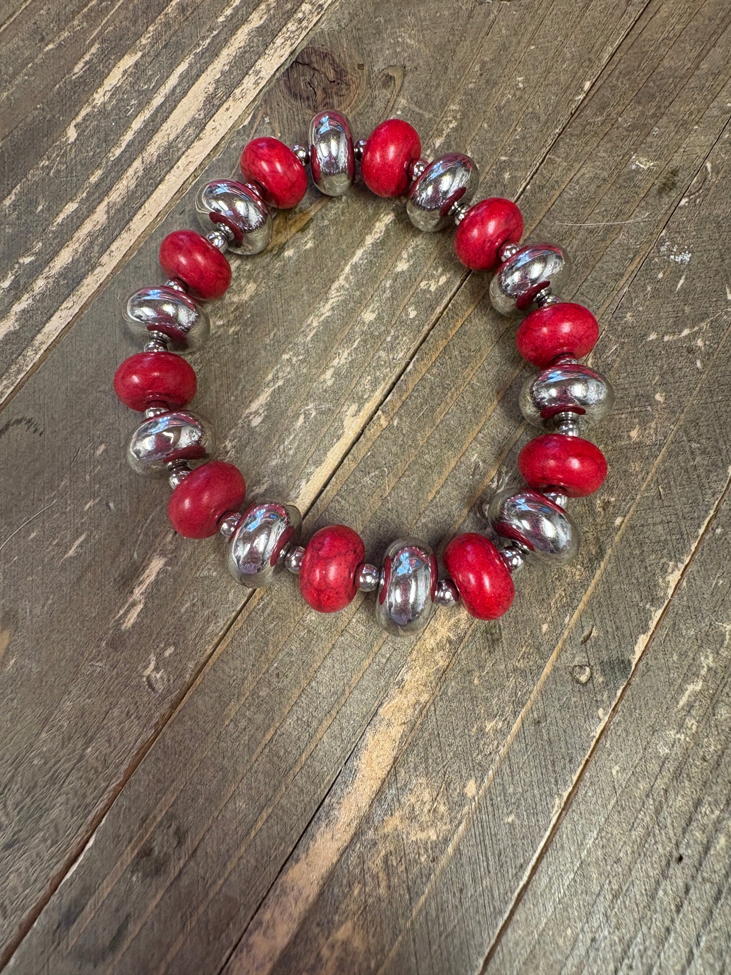 Red Stone and Silver Beaded Stretchy Bracelet