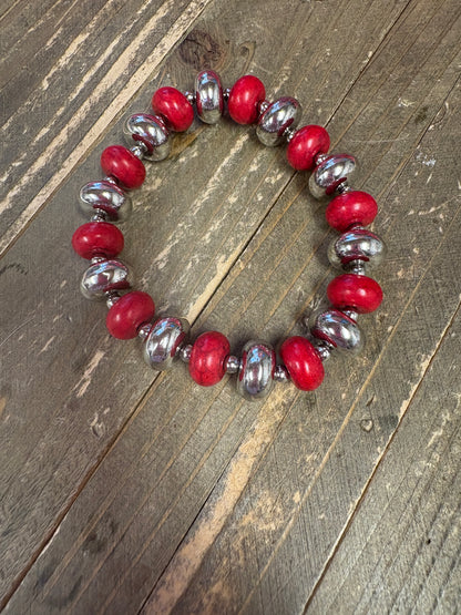 Red Stone and Silver Beaded Stretchy Bracelet