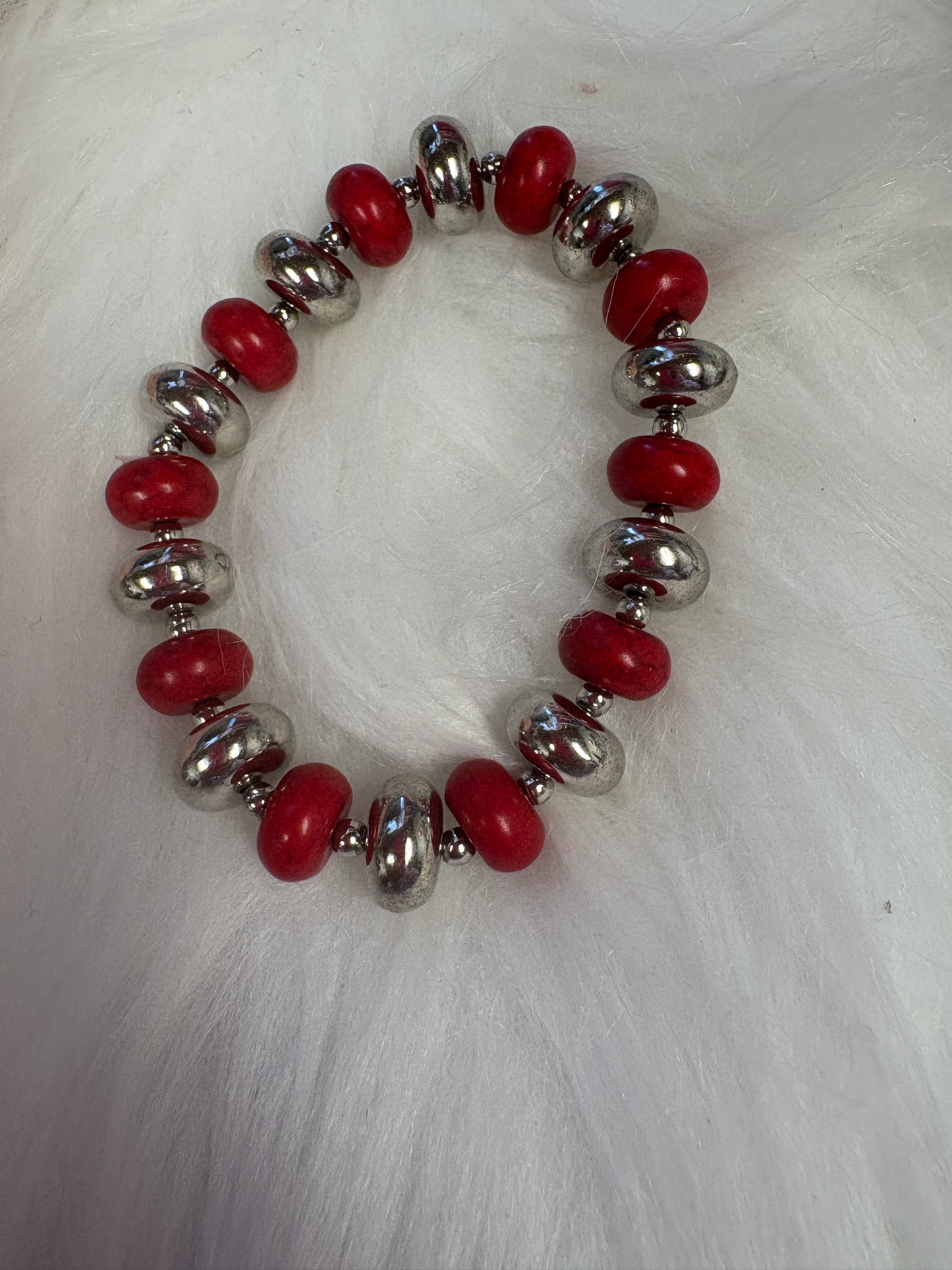 Red Stone and Silver Beaded Stretchy Bracelet