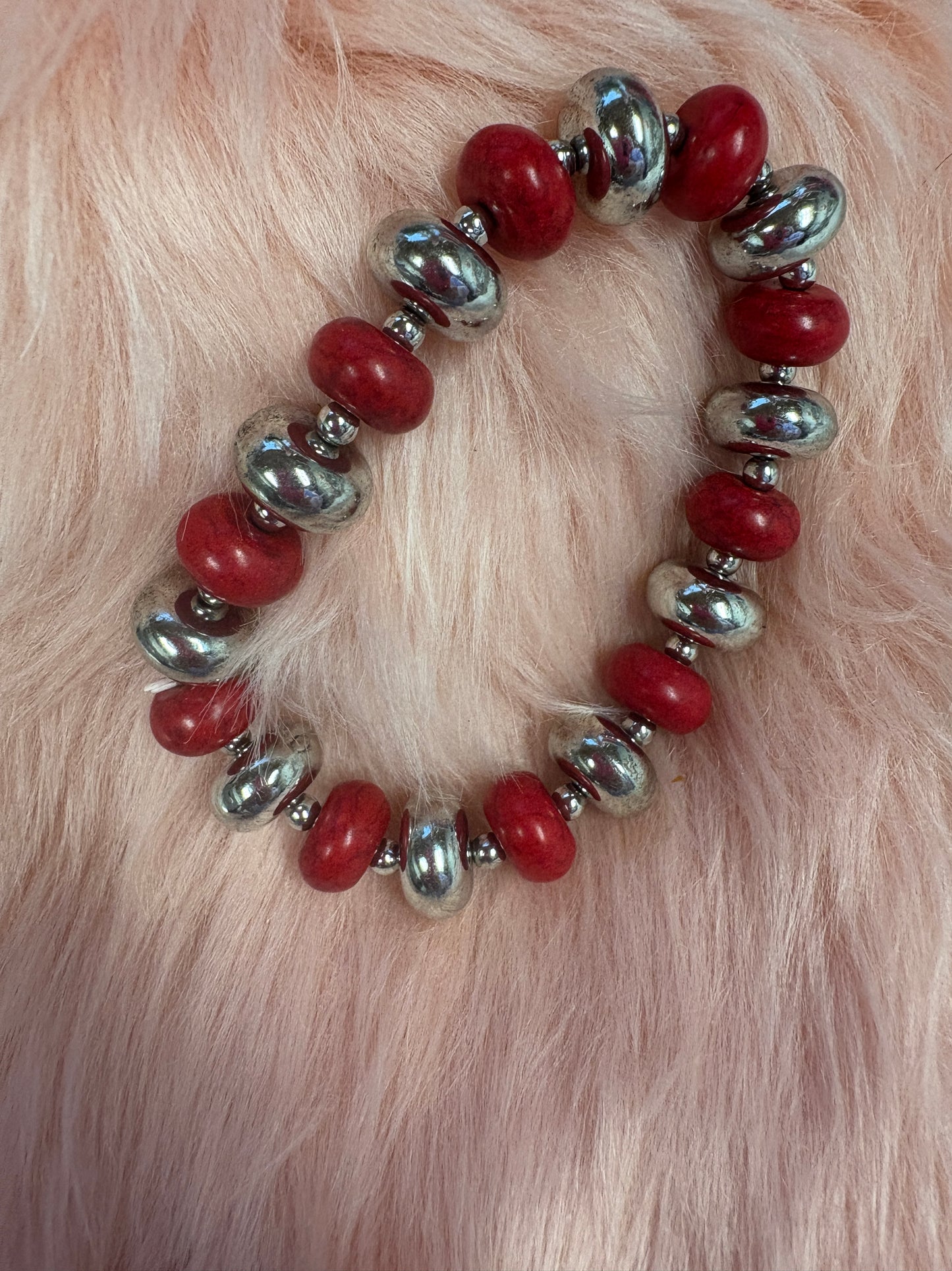 Red Stone and Silver Beaded Stretchy Bracelet