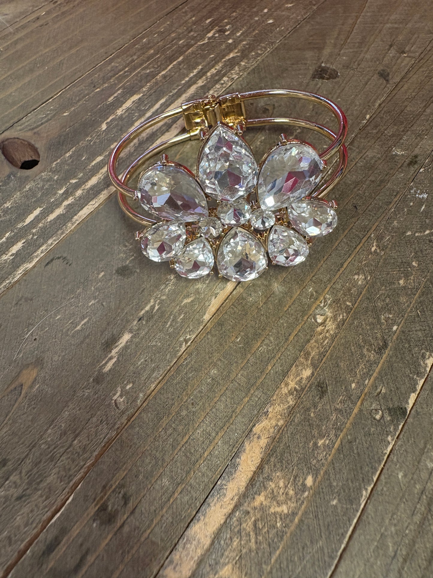 Gold Frame White Gem Flower Hinged Bracelet